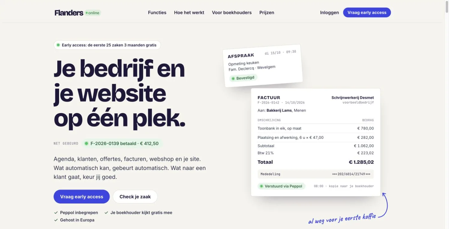 De homepage van Flanders Online, met een voorbeeldfactuur en een geboekte afspraak.