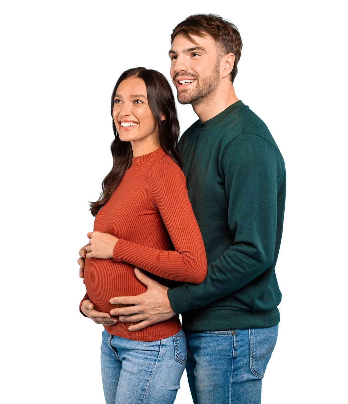 Een lachend koppel dat een baby verwacht, uit de BabyKompas-website.
