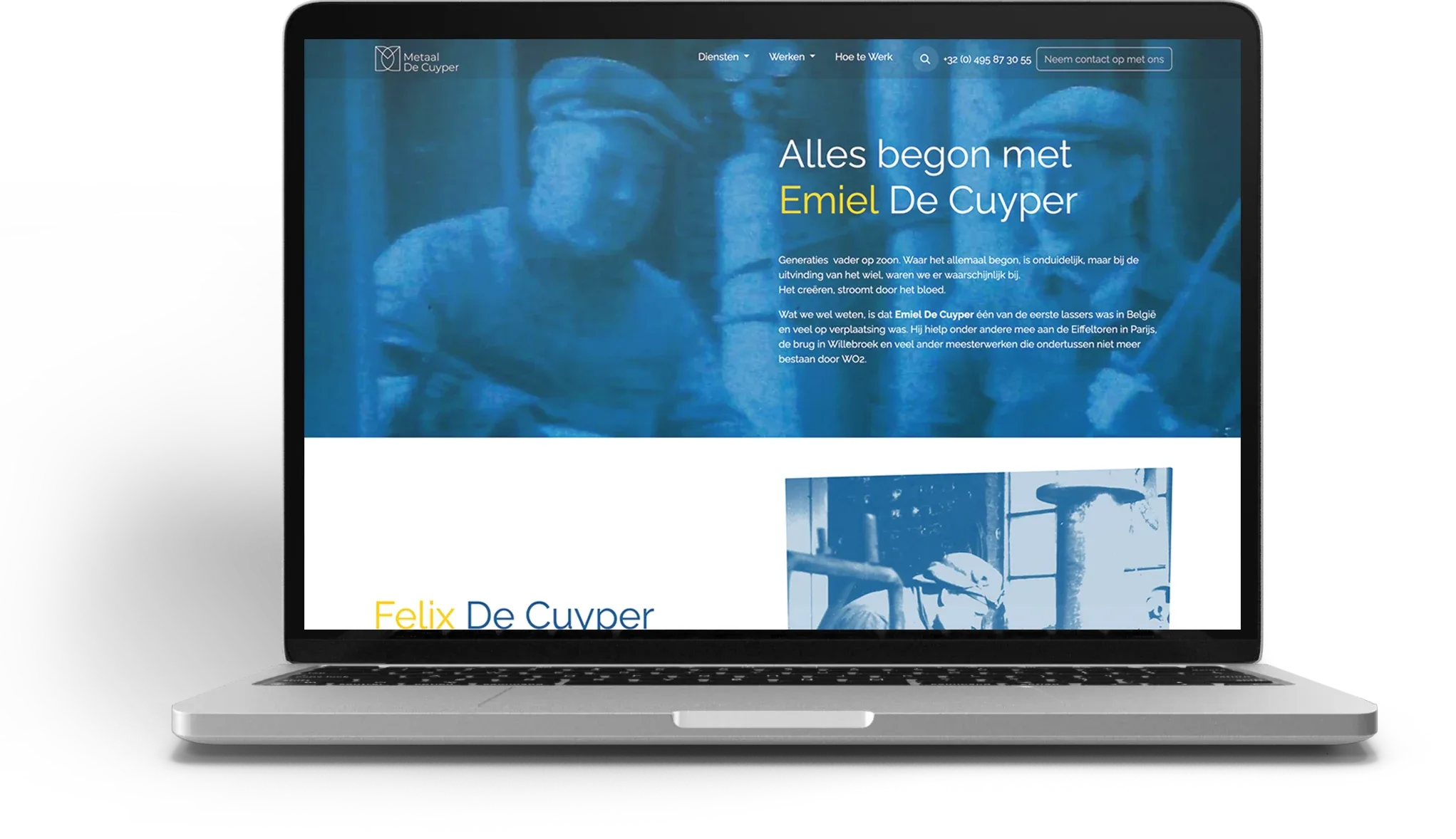 Pagina over de familiegeschiedenis op de website van Metaal De Cuyper, op een laptop